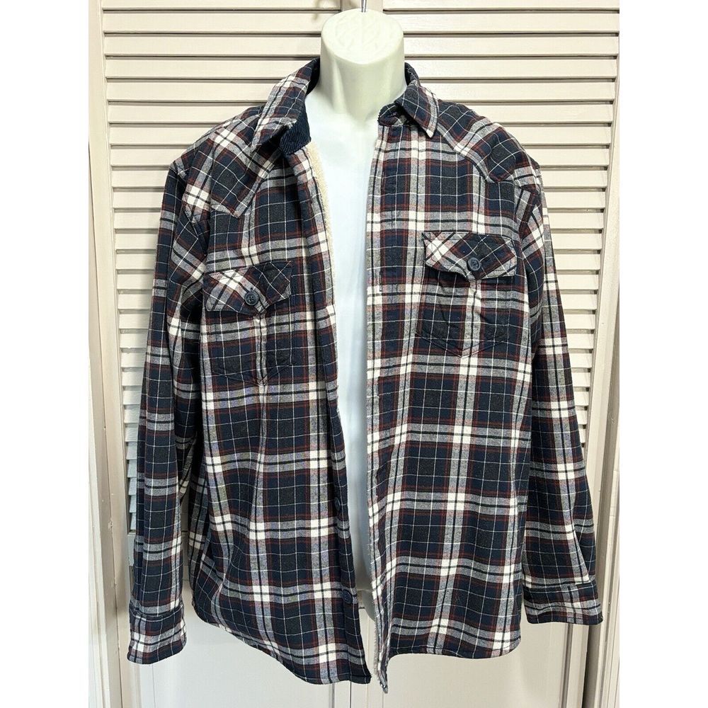 Cody James Plaid Navy/Orange/White Fleece Lined Jacket Mens Size Large Button Up
